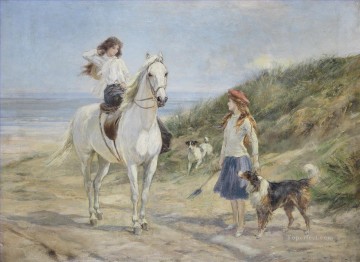 Pets and Children Painting - Holiday time Heywood Hardy horse riding pet